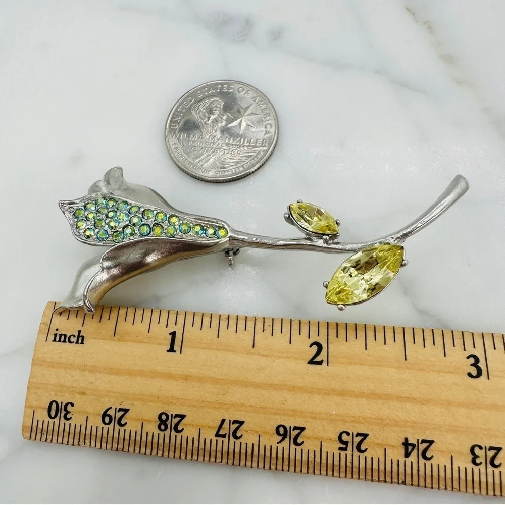 Vintage Cala Lilly Brooch Pin Blue Green AB Rhinestone Petals Yellow Gem Leaves